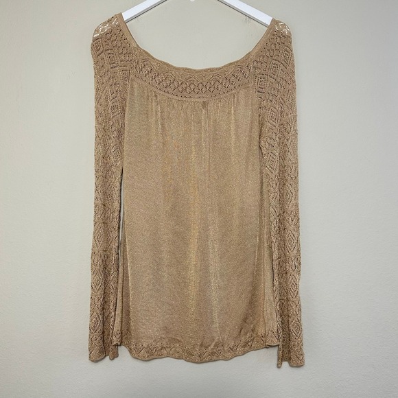 Cache Metallic Gold Knit Long Sleeve Top Women's Medium Crochet Trim - Picture 1 of 10